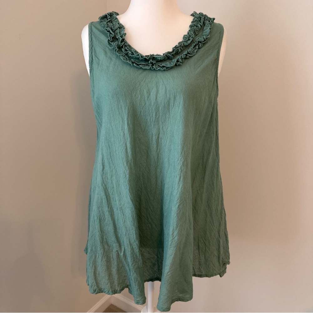 JP & Maddie Green Ruffle Tunic Boho Lagenlook linen feel